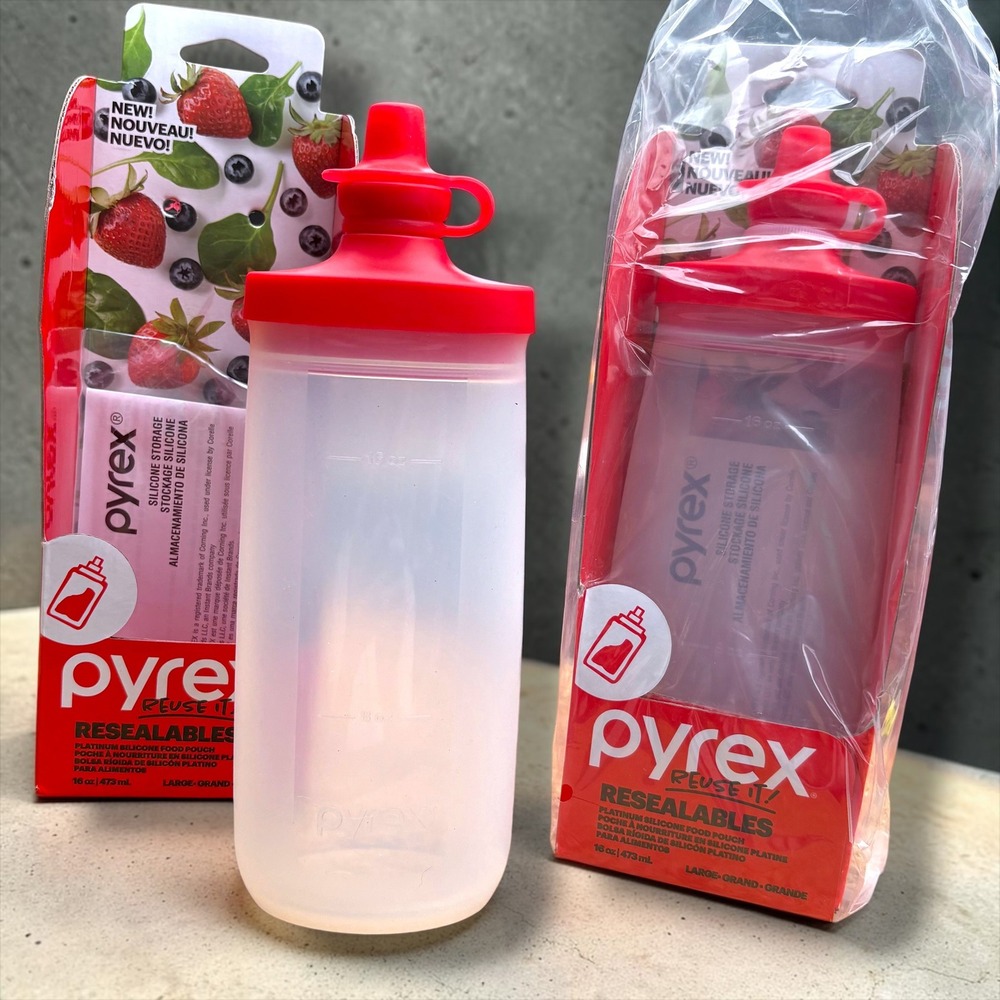 Pyrex Reuse It Resealables 16oz Platinum Silicone Food Pouch Red Set of 2 NEW